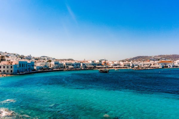 A sea view of the coastline of Mykonos