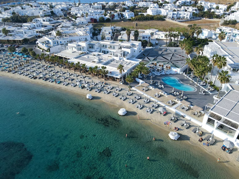 A view of Ornos beach on Mykonos